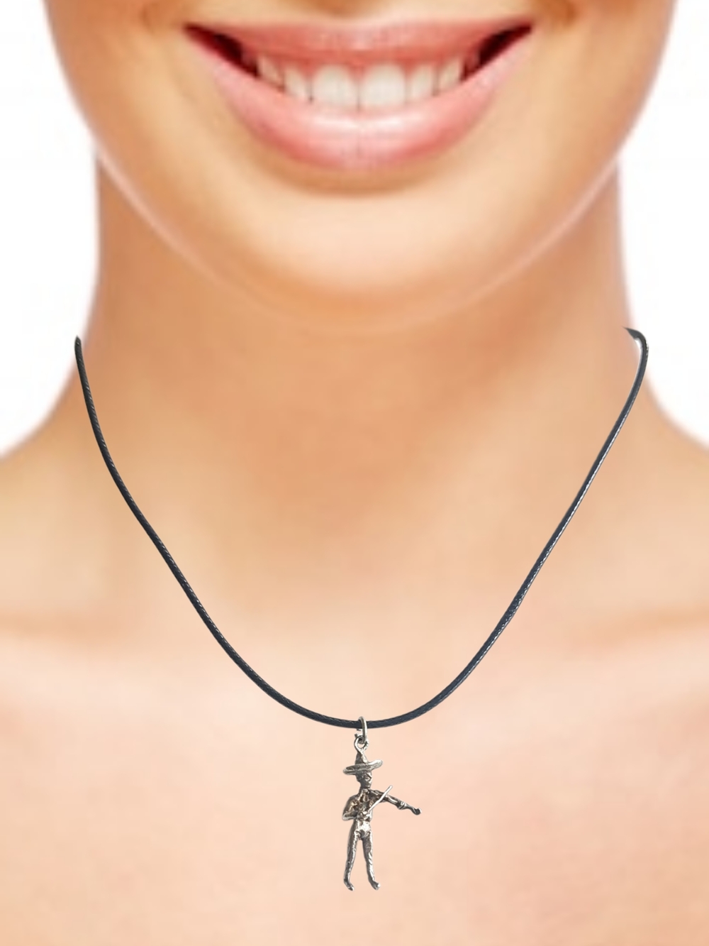 Sterling Silver Violinist Fiddler 1" Pendant w/ Black Cord Necklace